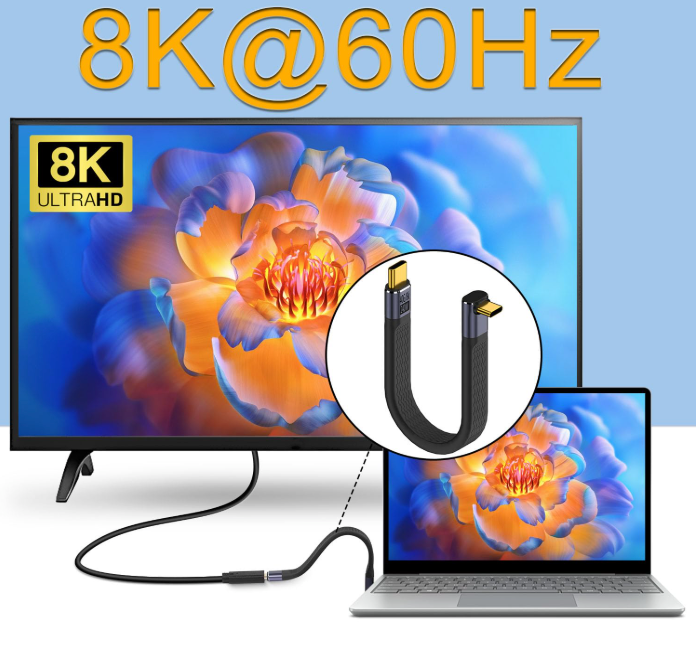 MDNR Cable 240W USB4.0 C Male to 90° Angle Type C Male PD Fast Charging Short Cable 40Gbps USB Type C 4.0 Flat Soft Data Cable, for Thunderbolt 3/4 Power Bank Smartphone, 13cm/5.1in (Positive Bend)